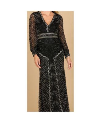 Women's V Neck Beaded Long Sleeve Dress