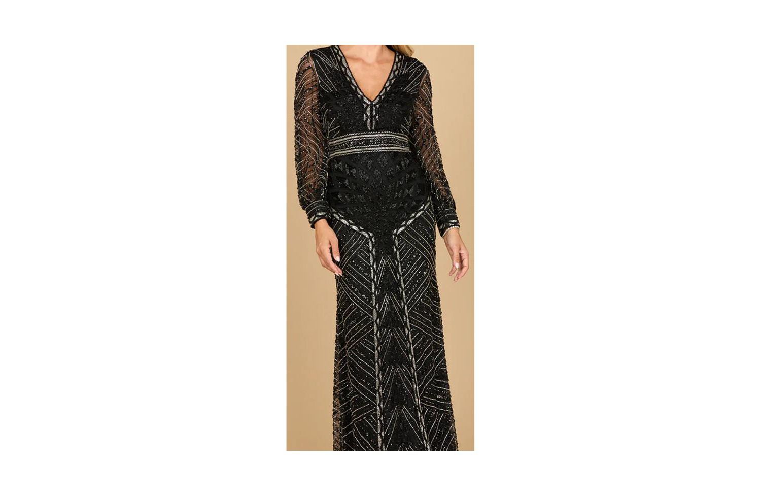 Women's V Neck Beaded Long Sleeve Dress