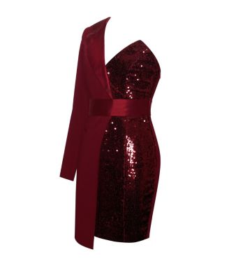 Women's Silver Night Wine Red Sequin Crepe Tuxedo Blazer Dress