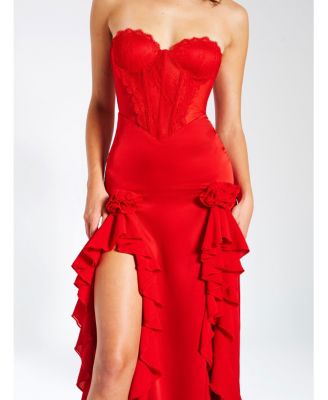 Women's Talia Red Satin Lace Corset Maxi Dress