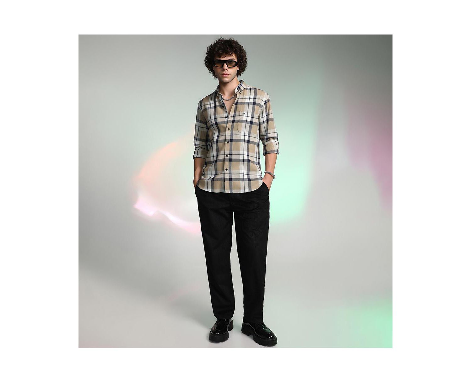 Men's Sand Beige Shadow-Checkered Shirt