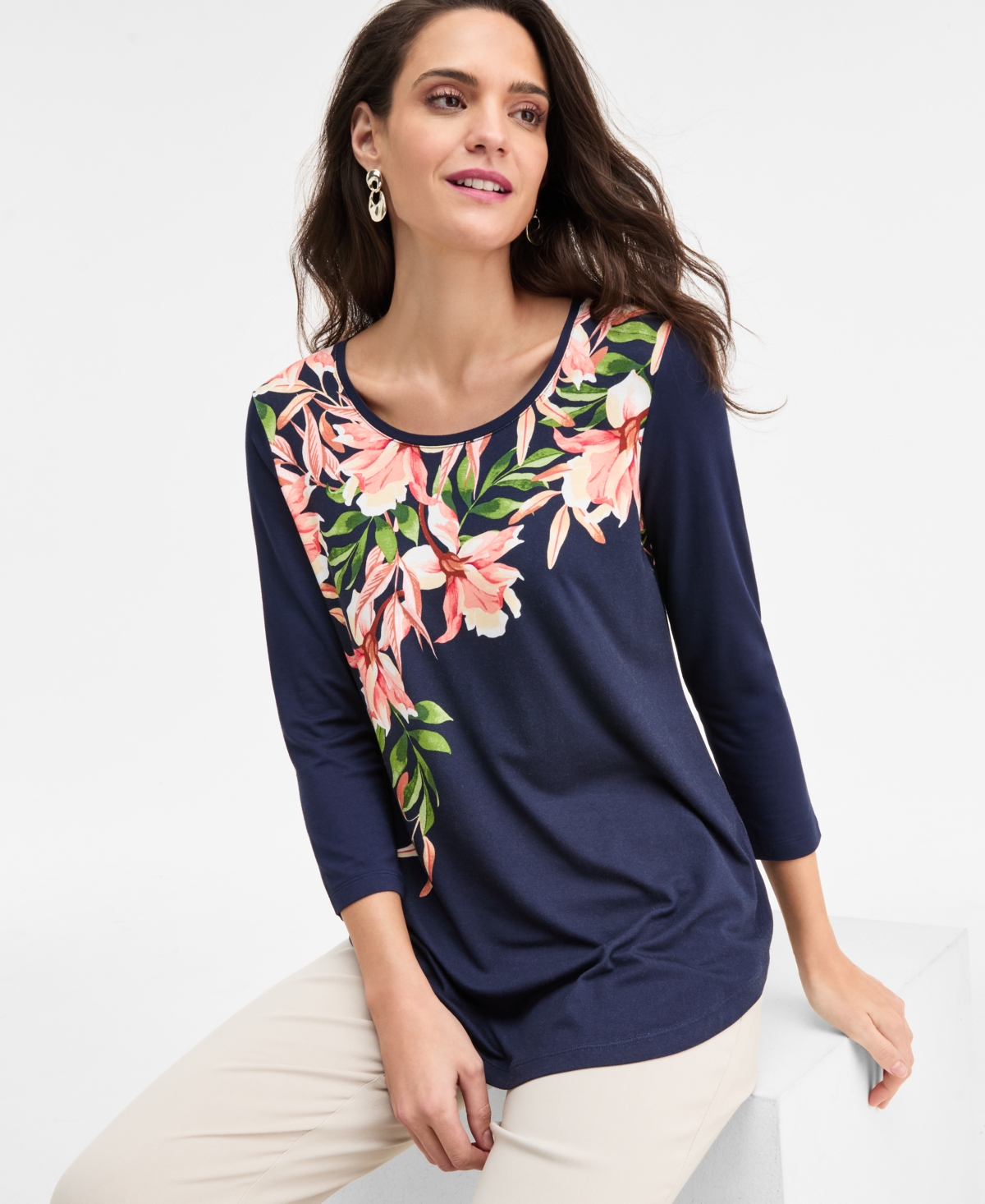 Jm Collection Petite Christa Cascade 3/4-Sleeve Scoop Neck T-Shirt, Macy's Exclusive