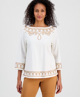 Women's Cotton Soutache 3/4-Sleeve Top, Macy's Exclusive