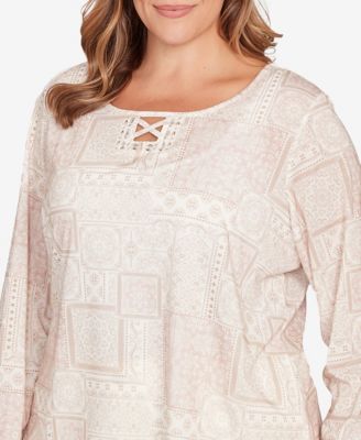 Plus Size Printed Long Sleeve Embellished Top