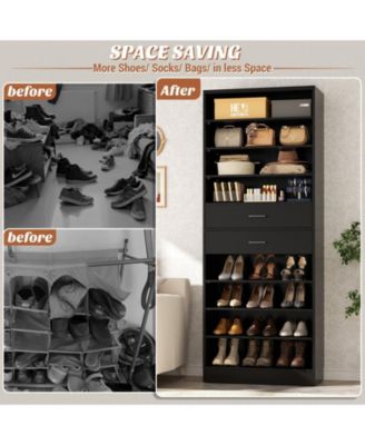 8-Tier Shoe Rack with 2 Drawers, 80'' High Wooden Shoe Cabinet with Adjustable Shelves