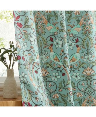 Florence Floral & Birds Patterned Window Back Tab Rod Pocket Curtains Bedroom - Light Blocking Darkening Window Panels, Set of 2