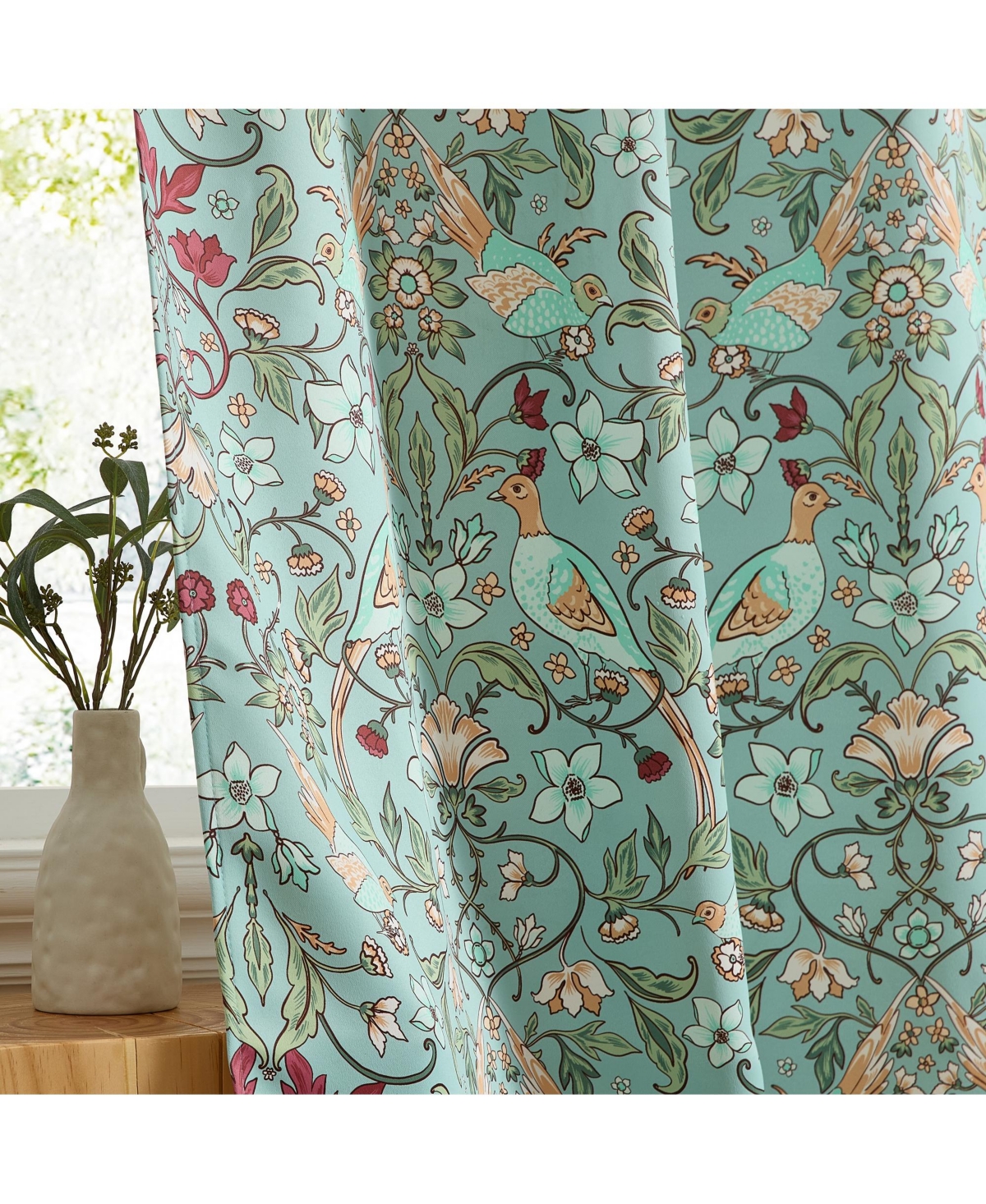 Hlc.me Florence Floral & Birds Patterned Window Back Tab Rod Pocket Curtains Bedroom - Light Blocking Darkening Window Panels