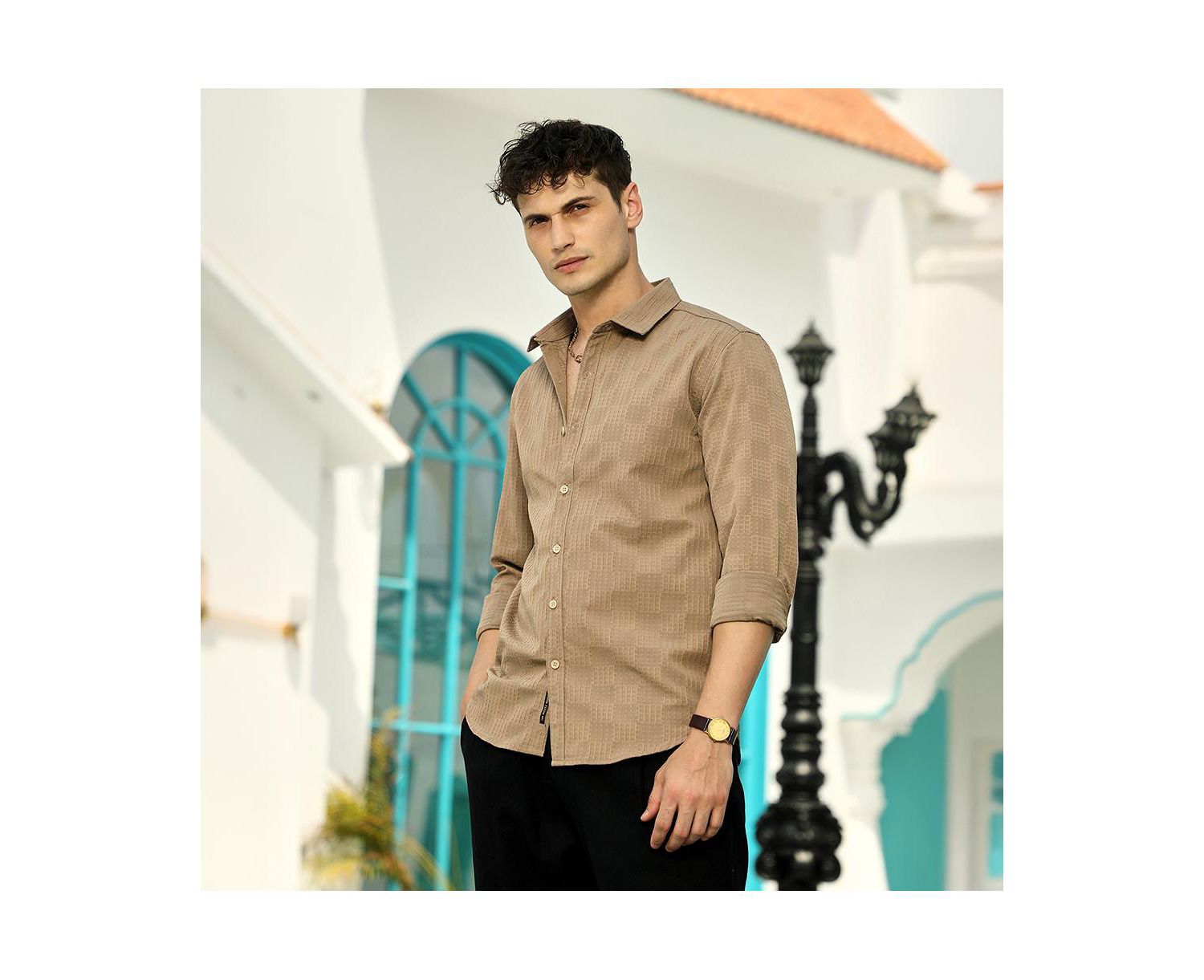 Men's Ash Brown Grid-Check Tactile Shirt