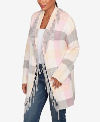 Petite Luxe Plaid Fringed Cardigan Sweater 