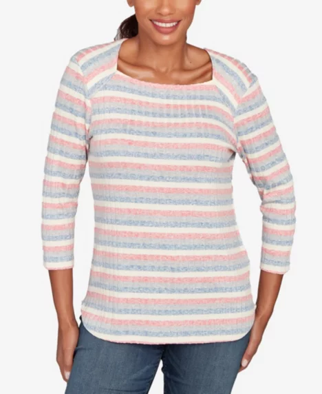 Petite Marled Stripe Envelope Neck Rib Knit Top - Bright Coral Multi