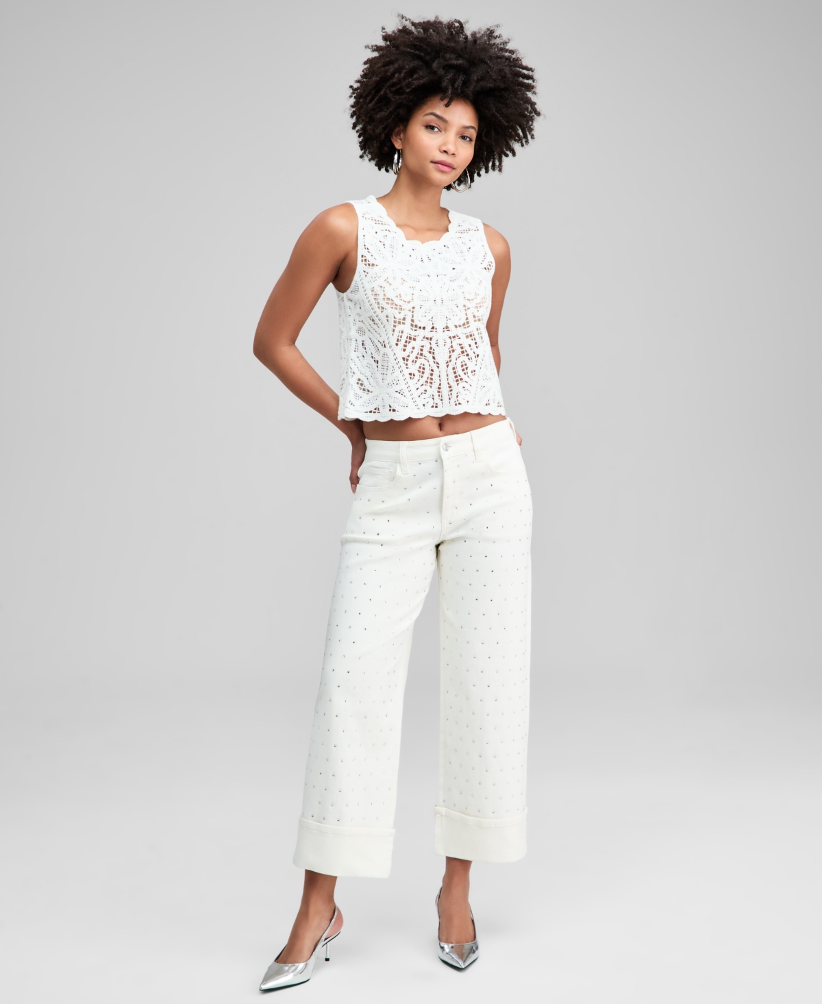 And Now This Women's Embellished Cuffed Wide-leg Jeans, Macy's Exclusive In White