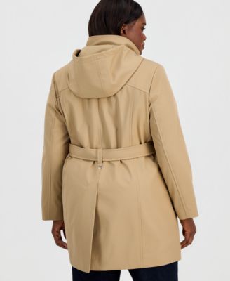 Plus Size Belted Hooded Zip-Front Raincoat