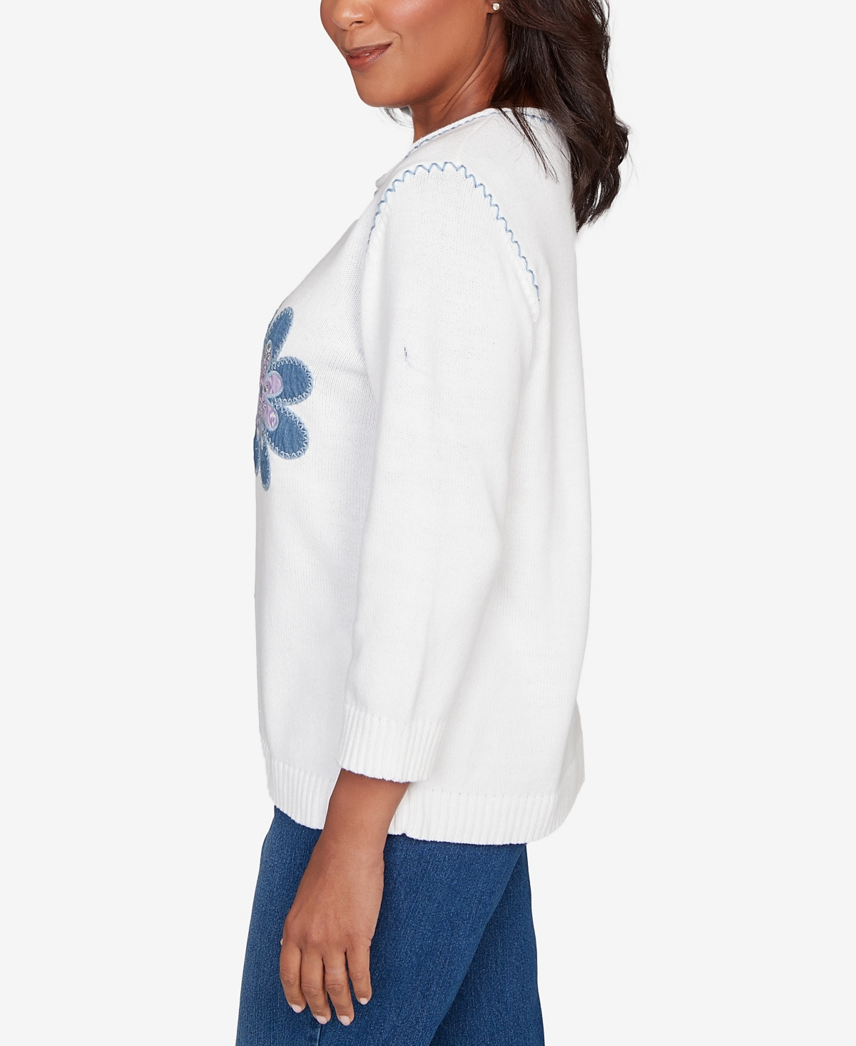 Alfred Dunner Women's Hilton Head Quilted Denim Applique Flower Sweater