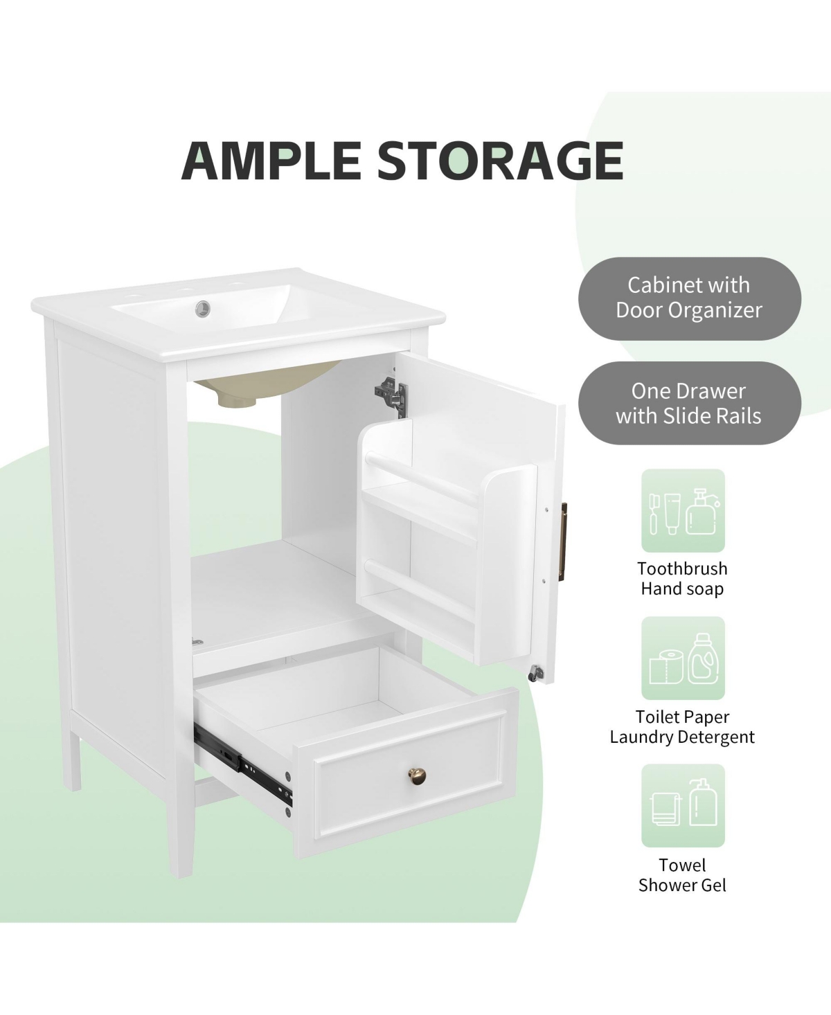 20" Bathroom Vanity with Sink, Bathroom Cabinet with A Door, Door Shelf Storage and Adiustable Foot Pads, A Drawer, White