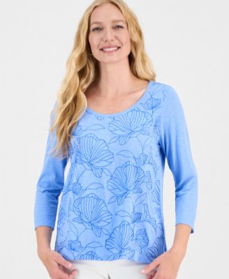 Women's 3/4 Sleeve Scoop Embroidered Knit Top, Macy's Exclusive