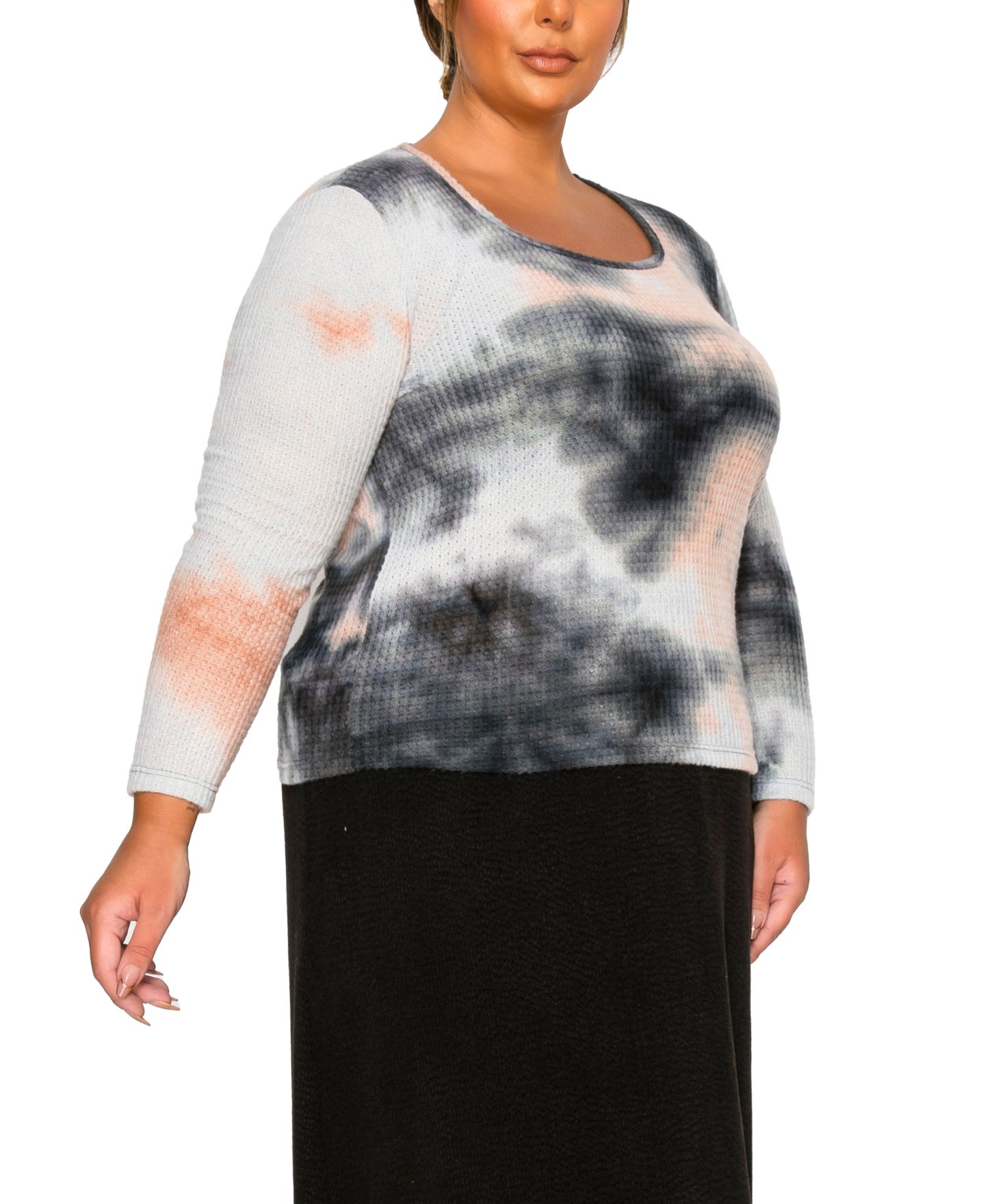 Женский топ COIN 1804 Plus Size Brushed Tie Dye Waffle Square Neck, цвет: Серый — фото 2