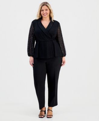 Plus Size Metallic Knit Beaded-Sleeve Top