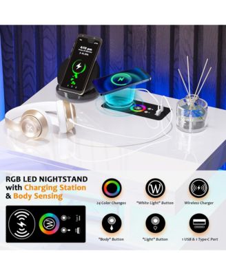 22.8" Wood LED Nightstand RGB Lights Auto Sensor Charging Station