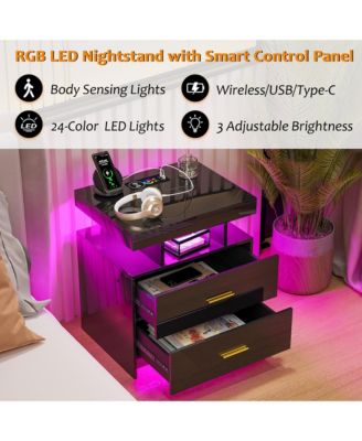 22.8" Wood LED Nightstand RGB Lights Auto Sensor Charging Station