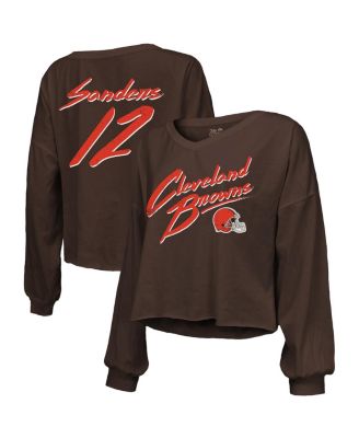 Majestic Threads - Women's Shedeur Sanders Brown Cleveland Browns Name Number Off-Shoulder Script Cropped Long Sleeve Relaxed V-Neck T-Shirt