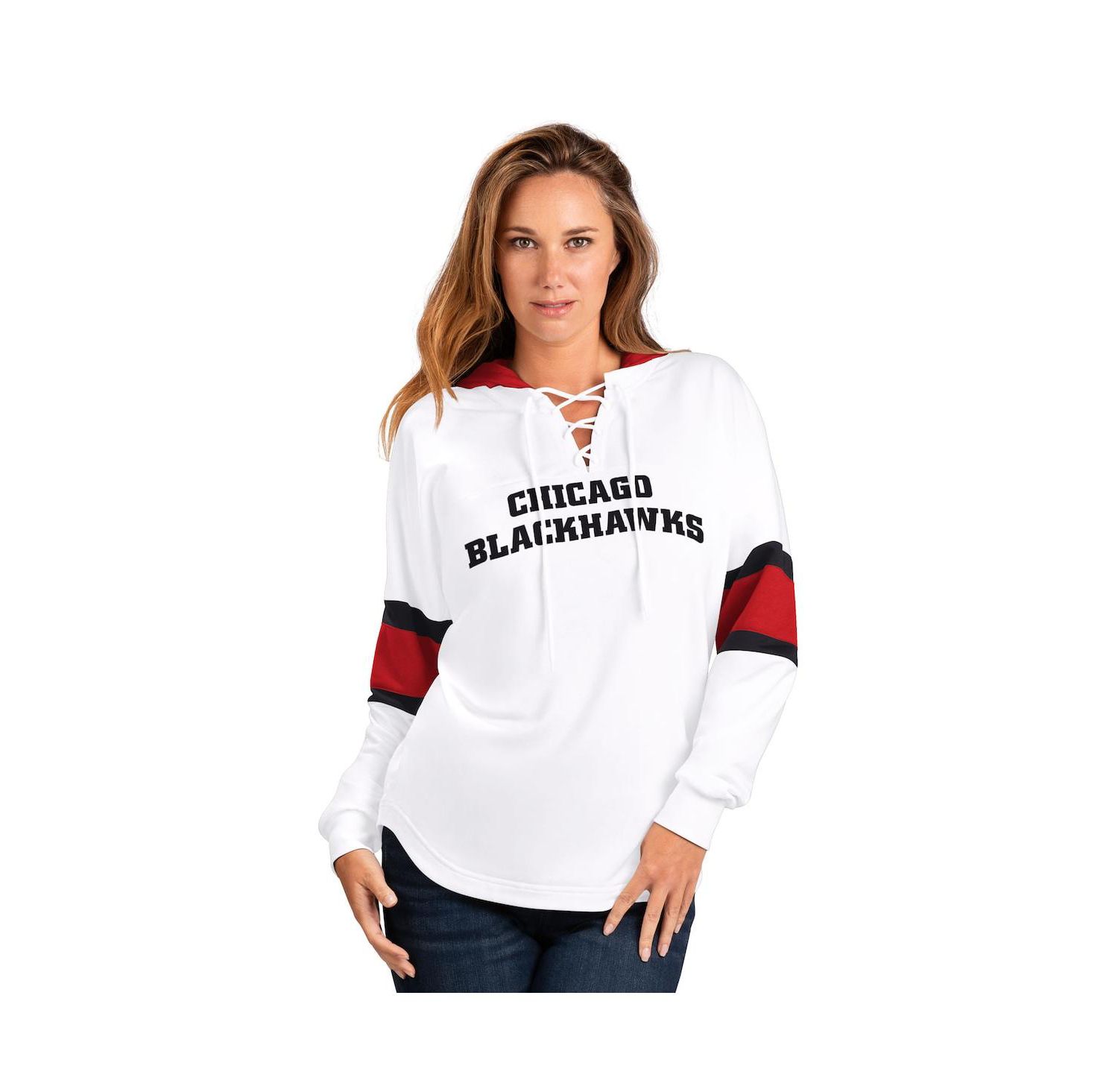 Women's White Chicago Blackhawks Goal Zone Long Sleeve Lace-Up Hooded T-Shirt