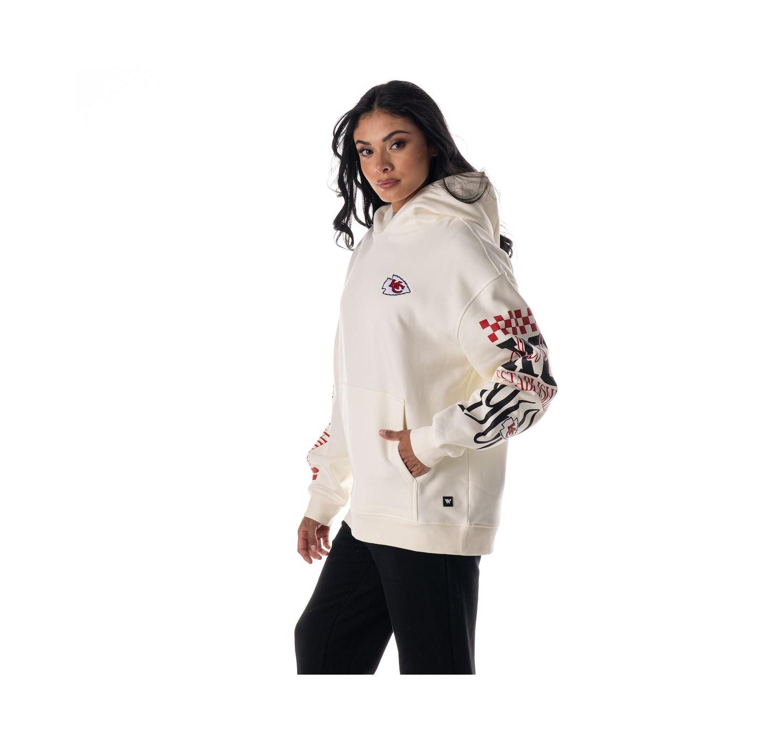 Women's Cream Kansas City Chiefs Stacked Graphic Sleeve Fleece Hoodie