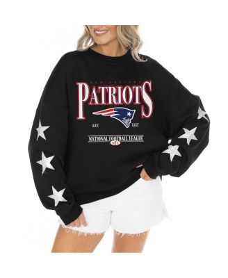 Women's Black New England Patriots Rhinestone Star Sleeve Settle the Score Oversized Tri-Blend Pullover Top
