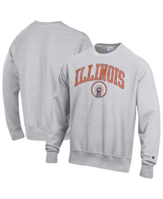 Champion - Men's Heather Gray Illinois Fighting Illini Distressed Arch Over Logo Reverse Weave Crew Neck Sweatshirt