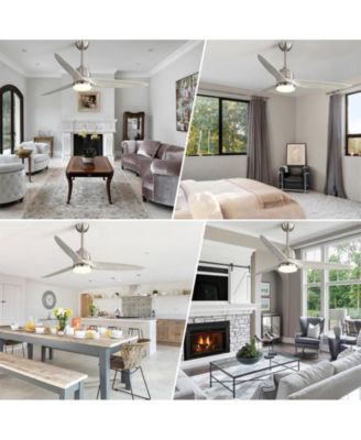 56-inch Modern Golden 3 Solid Wood Blade Tri Color Dimming Ceiling Fan