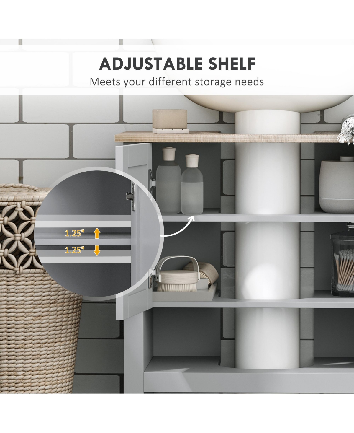 Airsurfer Bathroom Storage Cabinet Under Sink Cabinet Bathroom Vanity Cabinet with Adjustable Shelf and Open Bottom Shelf Gray