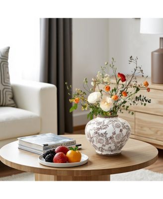 Brown Floral Wide-Mouth Waterproof Ceramic Vase, 8.66" Round Indoor Home Decor