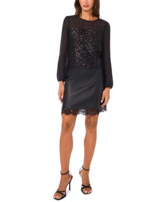 Women's Sequin Crewneck Blouson Sleeve Top