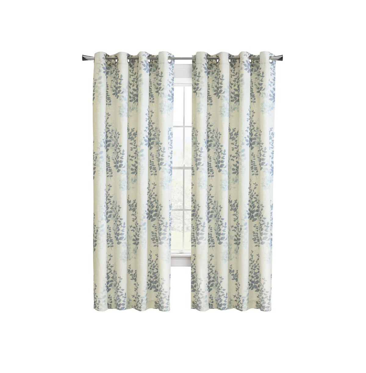 Habitat Lana Light Filtering Grommet Curtain Panel Two Tone Leaf Branches Bouquet Faux Linen Fabric Designed 50" x 108" Blue