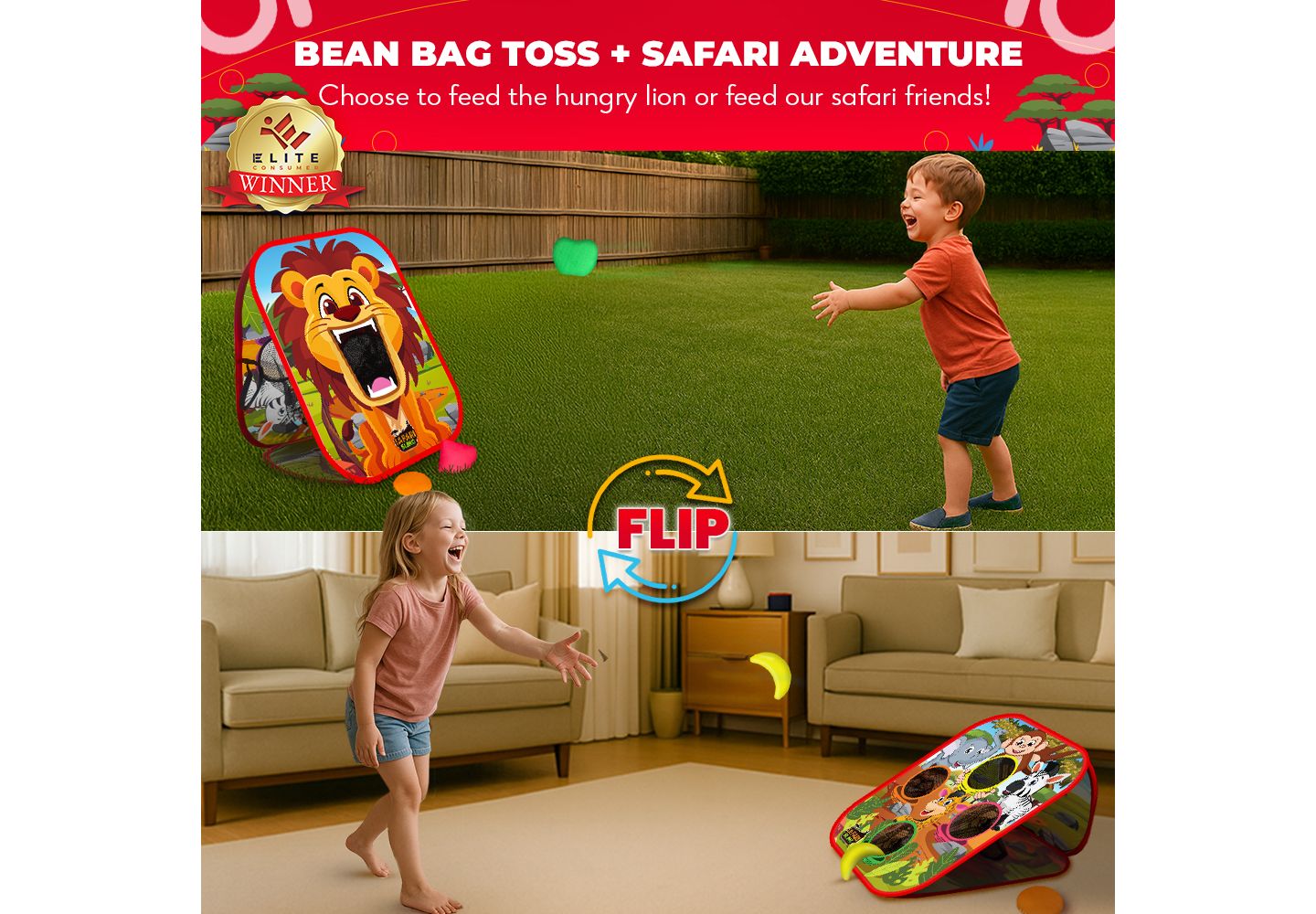 Детские игрушки SWOOC Safari Sling 2-in-1 Portable Bean Bag Toss Game, 20" W x 23" H, For 2-8 Players, Ages 3+, цвет: Разноцветный — фото 2