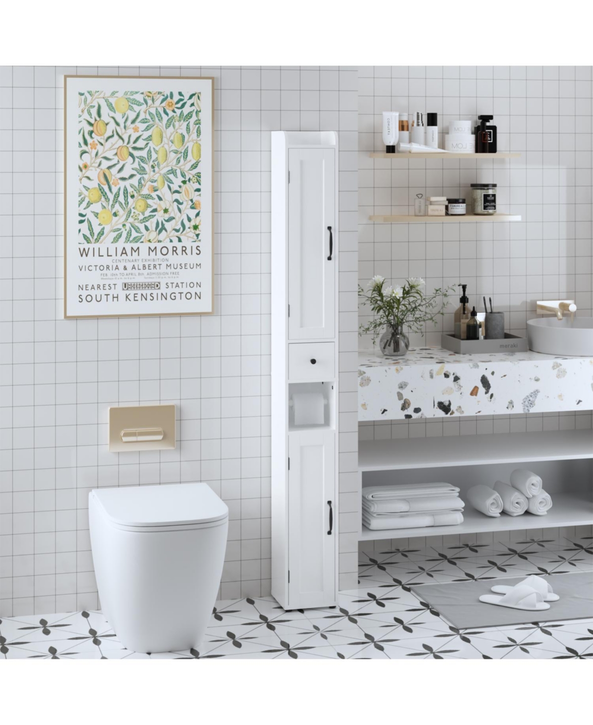 Airsurfer 67.51 Inch Tall Bathroom Storage Cabinet with Adjustable Shelves Freestanding Cabinet with Anti-Tip Open Compartments for Small Spaces White