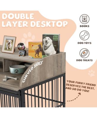44 Inch Heavy Duty Large Dog Crate Furniture Wooden Dog Kennel with Lockable Wheels End Table Crate Double Layer Storage Gray