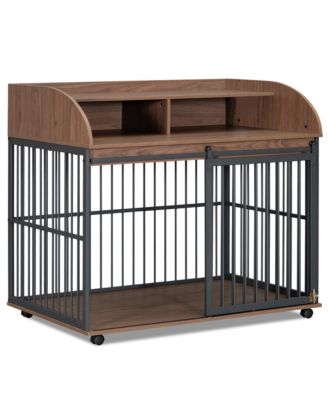 44 Inch Heavy Duty Large Dog Crate Furniture Wooden Dog Kennel End Table Crate with Lockable Wheels and Double Layer Storage Brown
