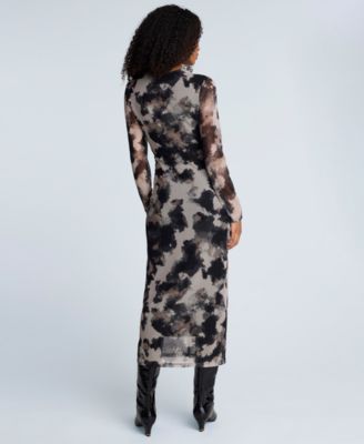 Women's Printed Mesh Long-Sleeve Knot Dress