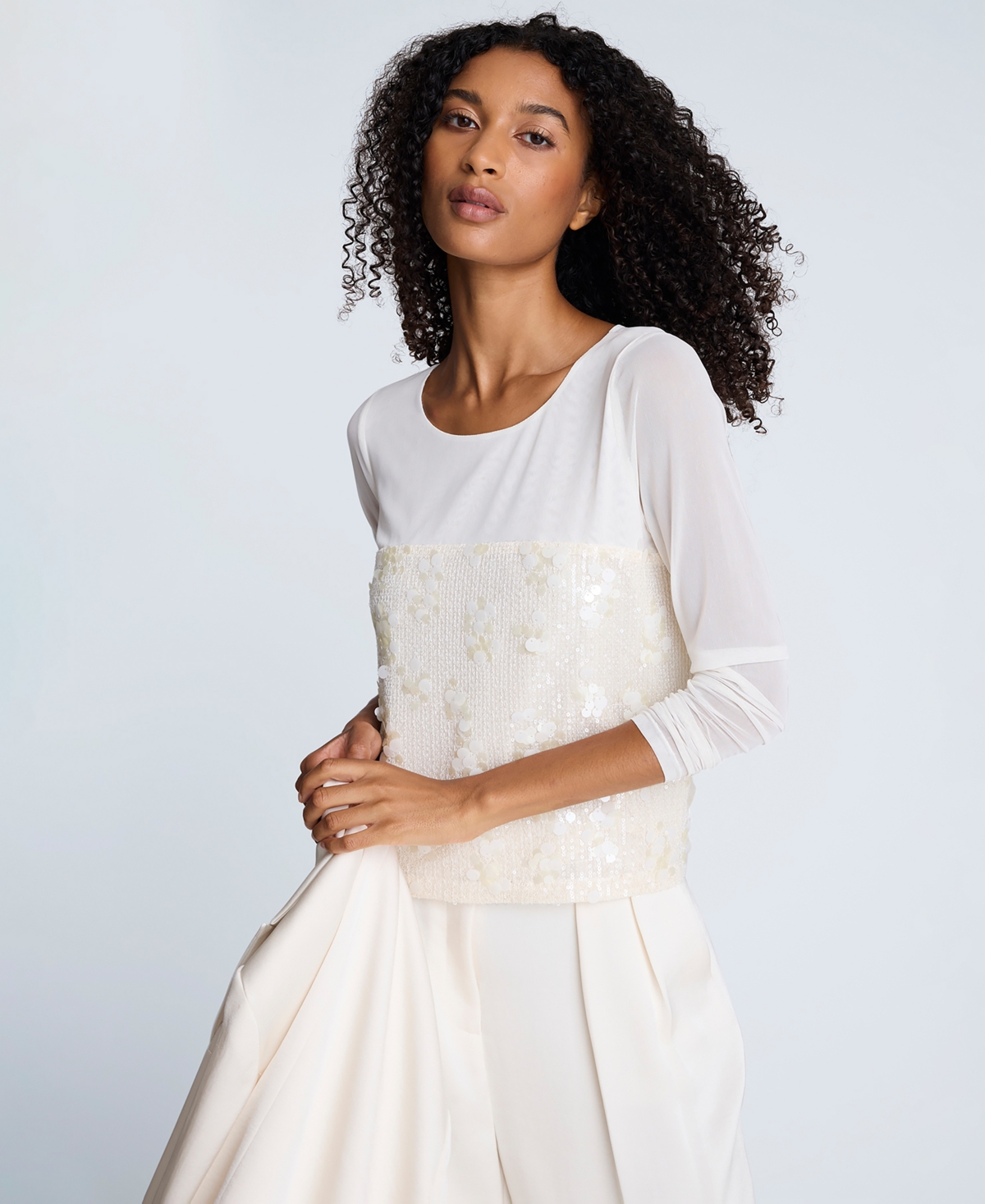 Kenneth Cole Women's Paillette Mesh Long-Sleeve Top