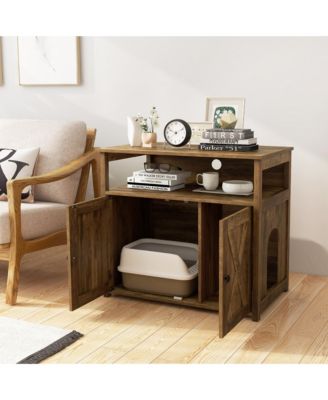 Cat Litter Box Enclosure w/ Double Barn Doors Divider Side Entry Storage Shelf