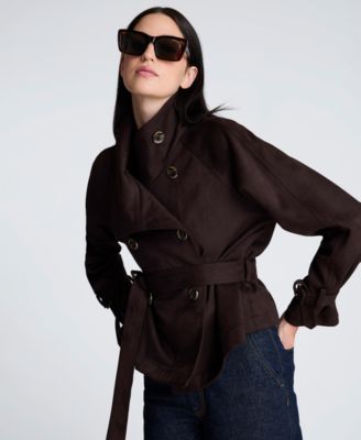 Women's Faux Suede Cropped Belted Trench Jacket