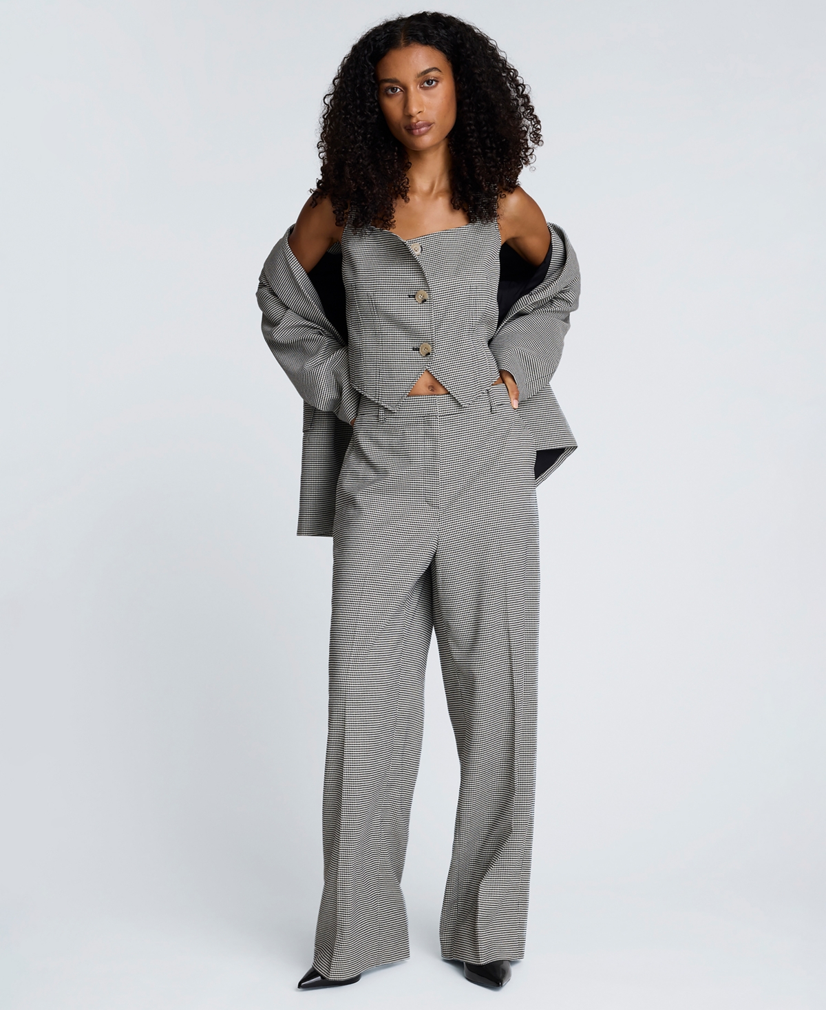 Kenneth Cole Women's Houndstooth Cropped Fitted Bodice Vest In Gray