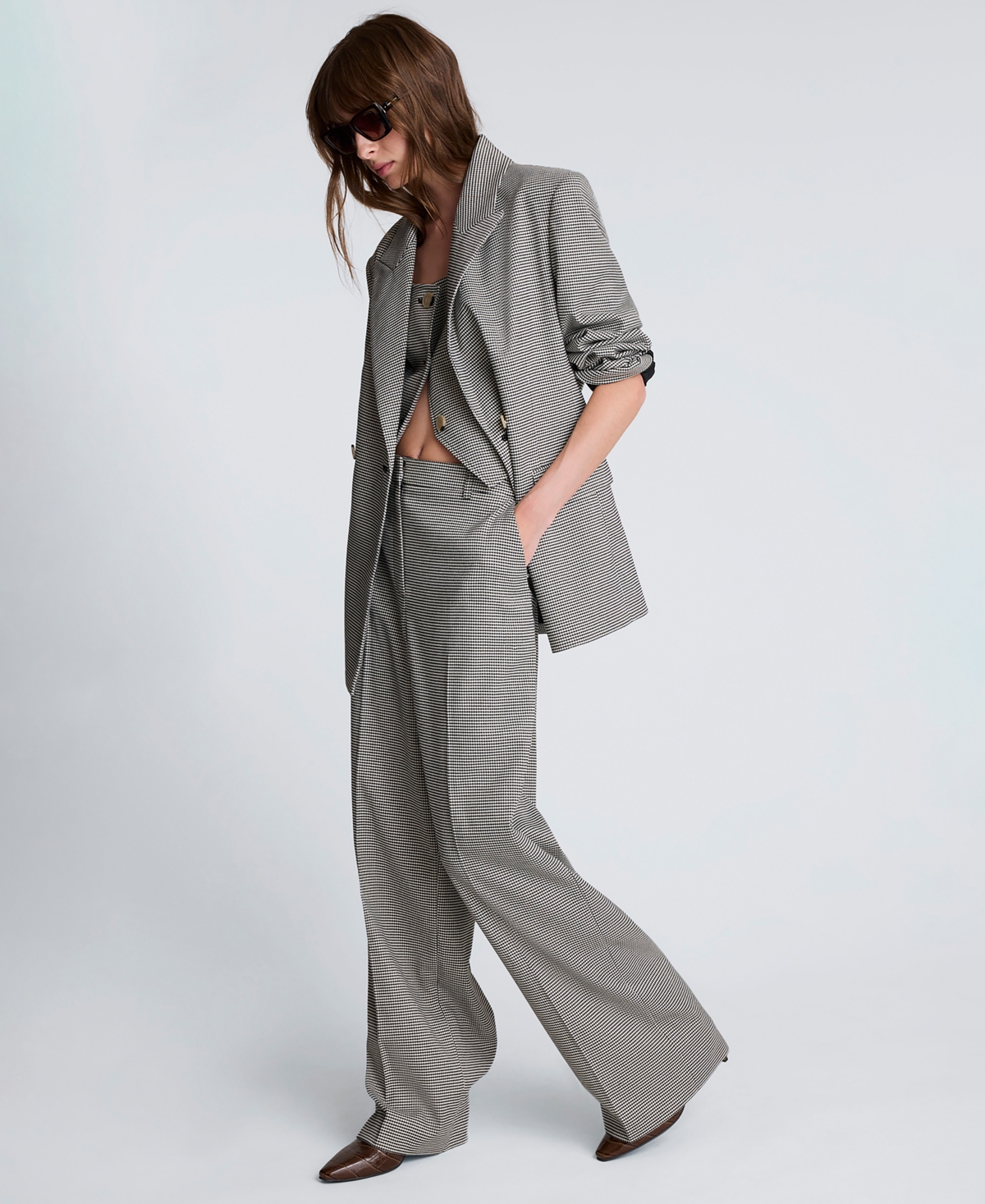 Kenneth Cole Women's Houndstooth Boyfriend Wide Leg Pants In Gray