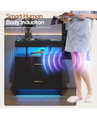 1 PC Wood Smart LED Nightstand with Charging, Auto Sensor & 2 Drawers -  Nightstand