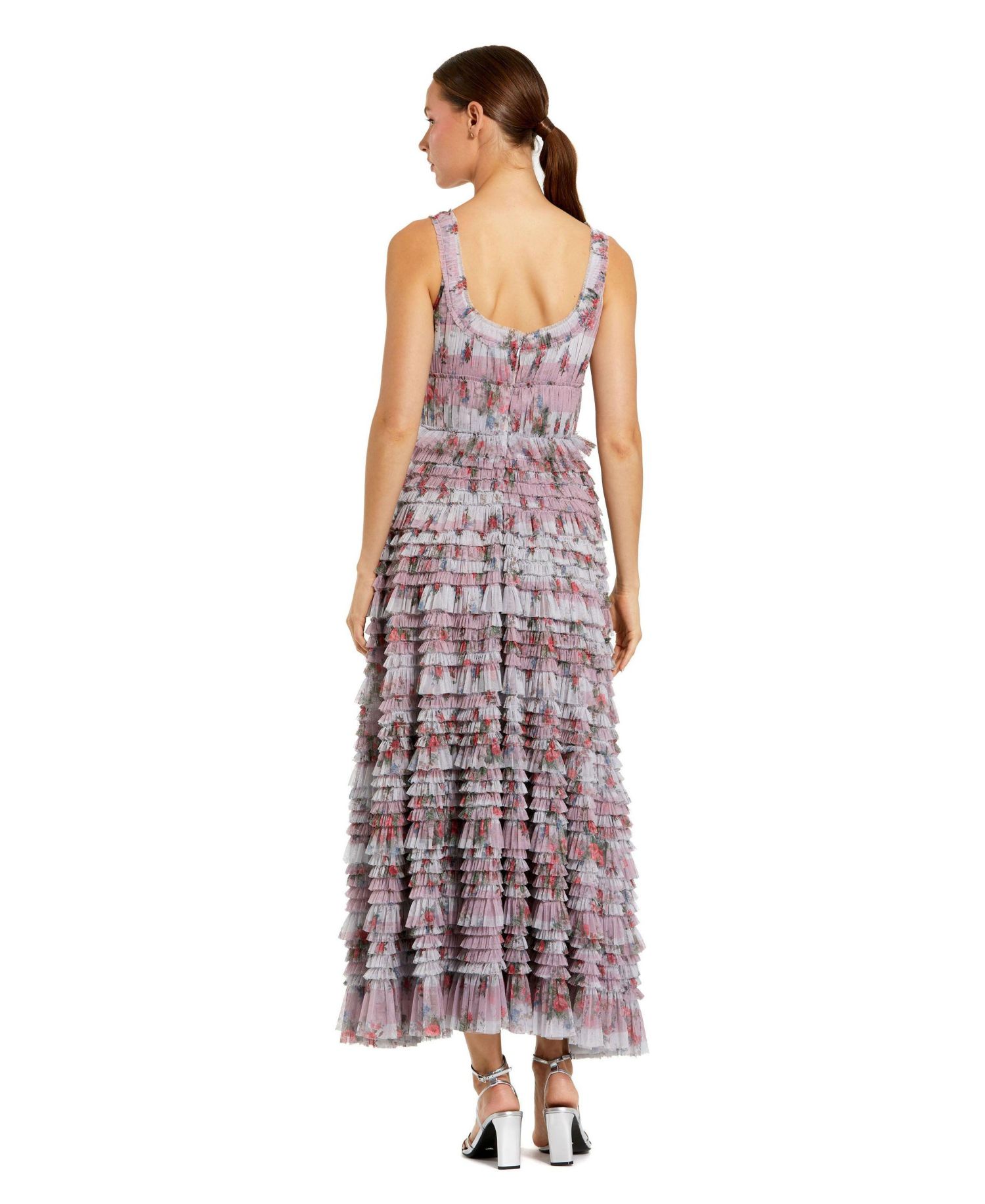Women's Sleeveless Floral Midi Dress with Tiered Ruffles