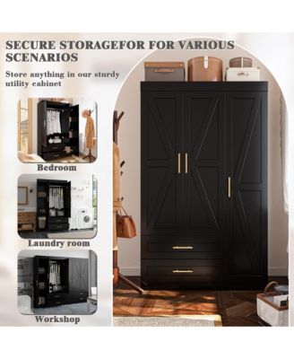  Freestanding   Wood   Hanging Rod & Shelves Bedroom Armoire