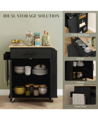 30" Power Outlets, USB Ports, Drawer, Cabinet, Spice & Towel Rack Rolling Kitchen Island Cart