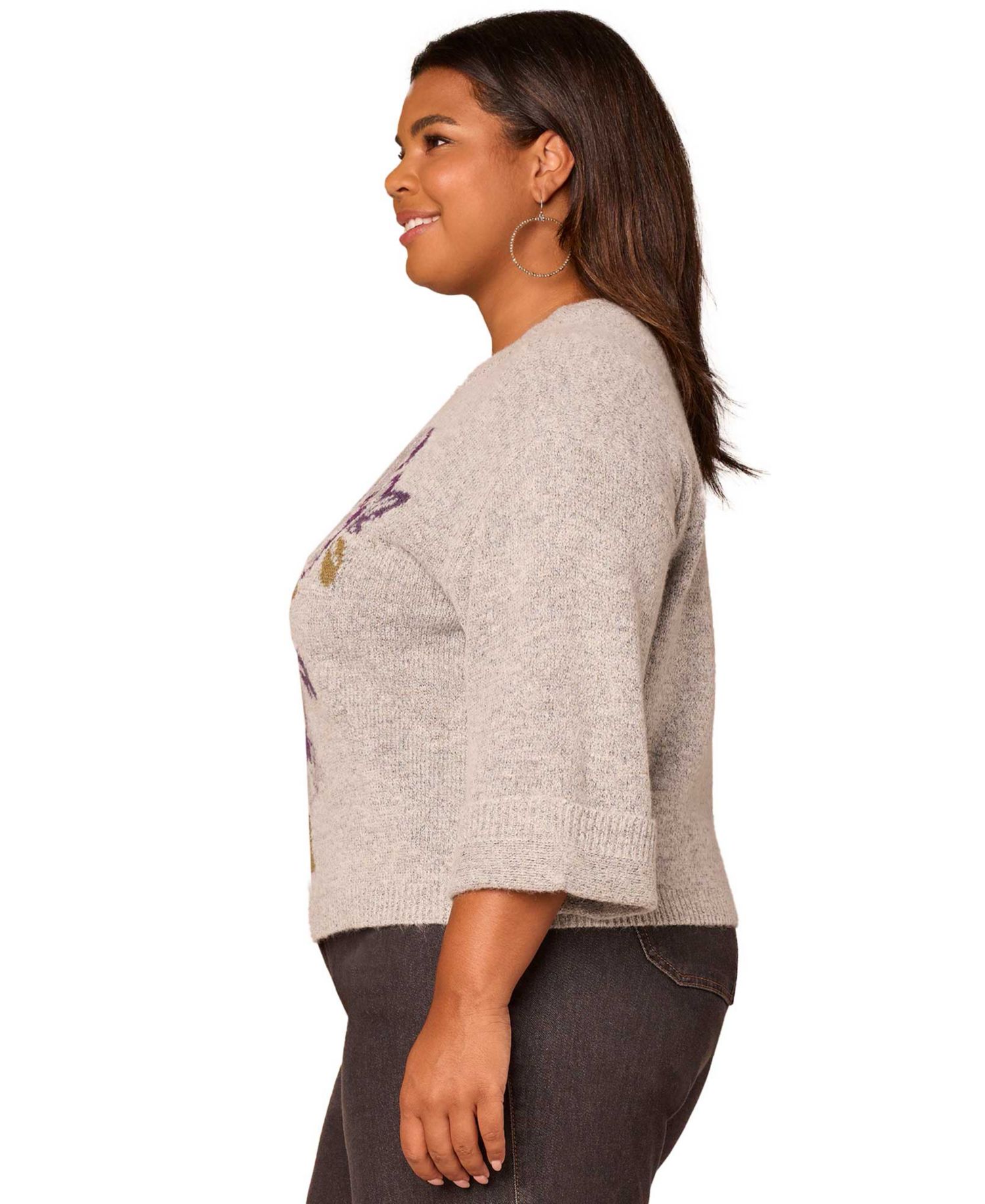 Plus Size Cuffed Long-Sleeve Floral Jacquard Sweater