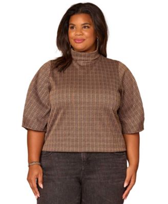Democracy - Plus Size Pleated Elbow Sleeve Mock Neck Crop Top