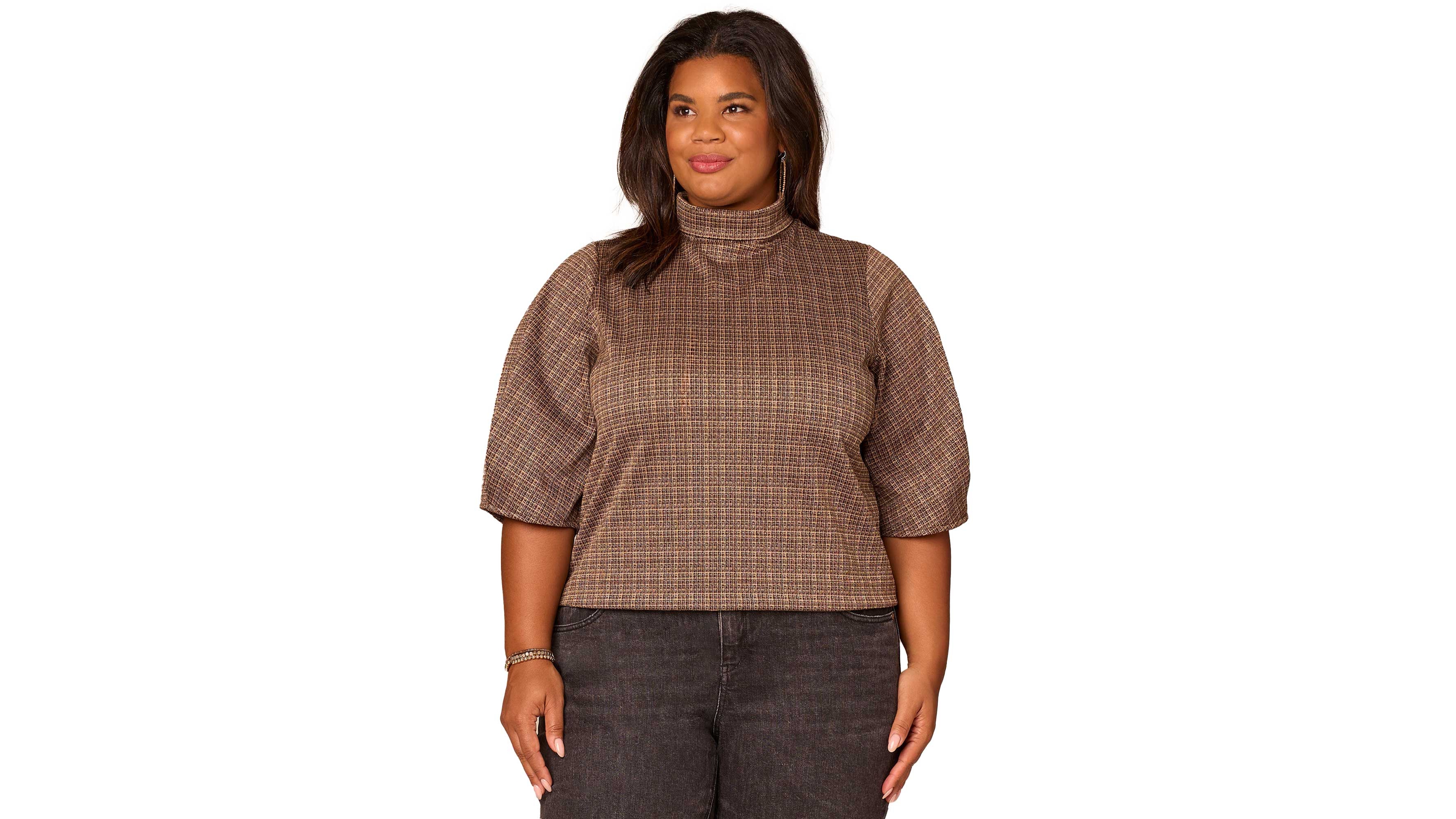Democracy Plus Pleated Elbow Sleeve Mock Neck Crop Top